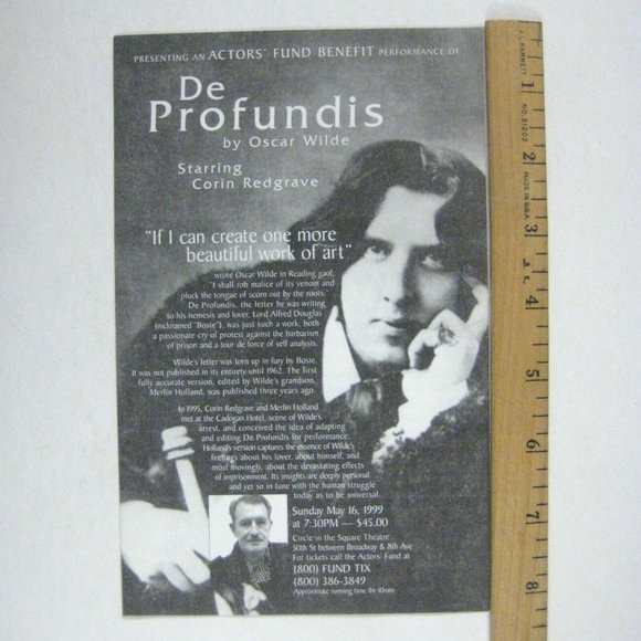 De Profundis Oscar Wilde Flyer ONLY 1999 Corlin Redgrave Actors Fund Theatre - Picture 2 of 2